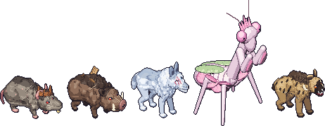 Cinco jefes: el Rey Rata, el Rompecercas, un lobo blanco, una mantis gigante y una hiena